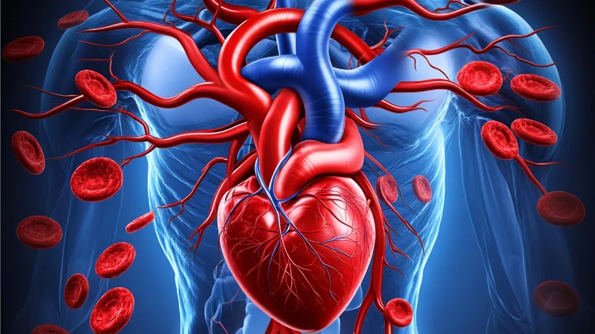 Ilustración del sistema circulatorio humano con el corazón, las arterias y el flujo de sangre